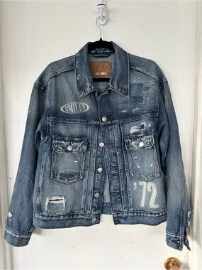AE Special Edition Smiley Distressed Patchwork Oversized Denim Jacket Size Small